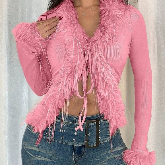 Pink Casual Women's Fringed V-Neck Knit Cardigan - Picture 4 of 4